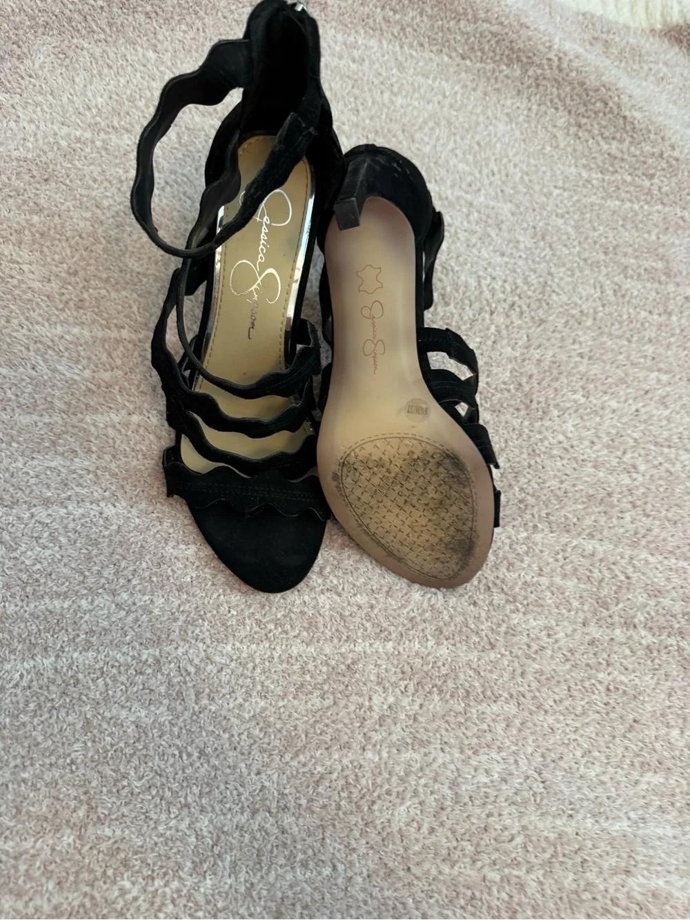 Jessica Simpson Black Wavy Strap Suede Heels